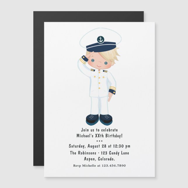 Invitation Magnétique Little Navy Boy Nautical Birthday Party (Devant / Derrière)