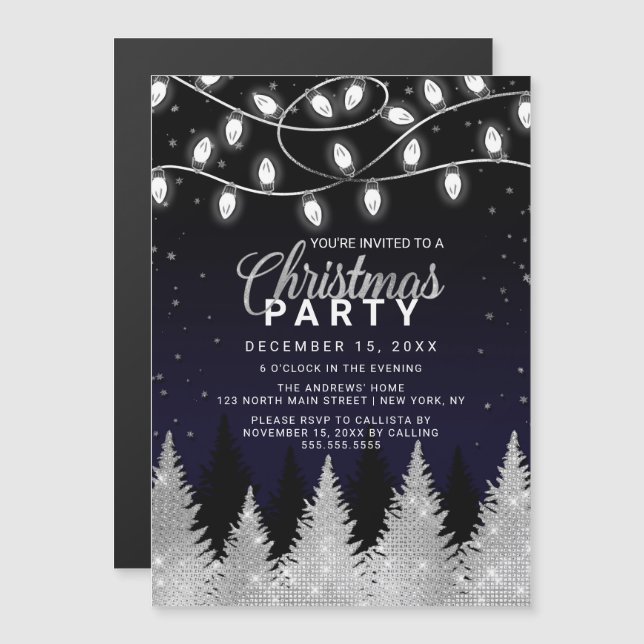 Invitation Magnétique Lumières Blanches Brillantes Arbres Pailletés Fête (Devant / Derrière)