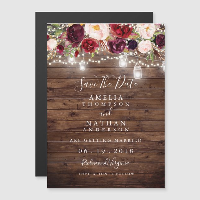 Invitation Magnétique Lumières Florales Bourguignonnes en Bois Rustique  (Devant / Derrière)