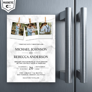 Invitation Magnétique Marbre blanc moderne élégant Photo Collage Mariage