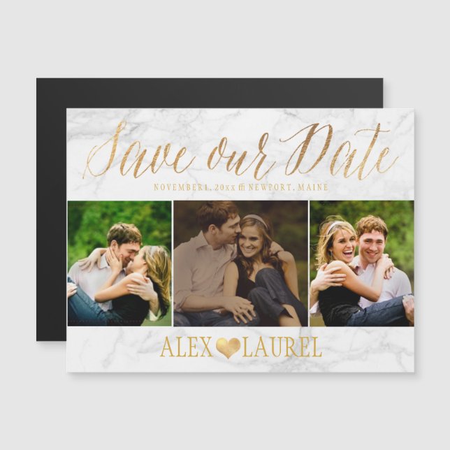 Invitation Magnétique Marbre PixDezines Sauvez Notre Date/Faux Gold (Devant / Derrière)