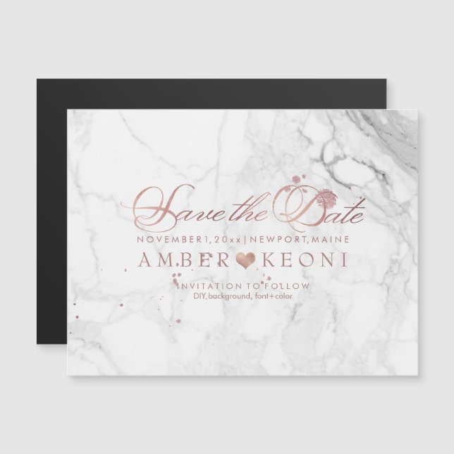 Invitation Magnétique Marbre PixDezines Sauvez notre Date/Faux Rose Gold (Devant / Derrière)