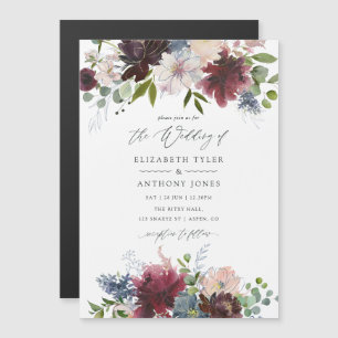 Invitation Magnétique Mariage aquarelle florale bordeaux et marine