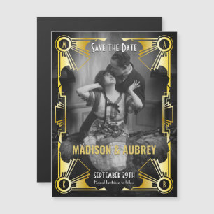 Invitation Magnétique Mariage Art déco Sauvez la date Gold & Black Photo