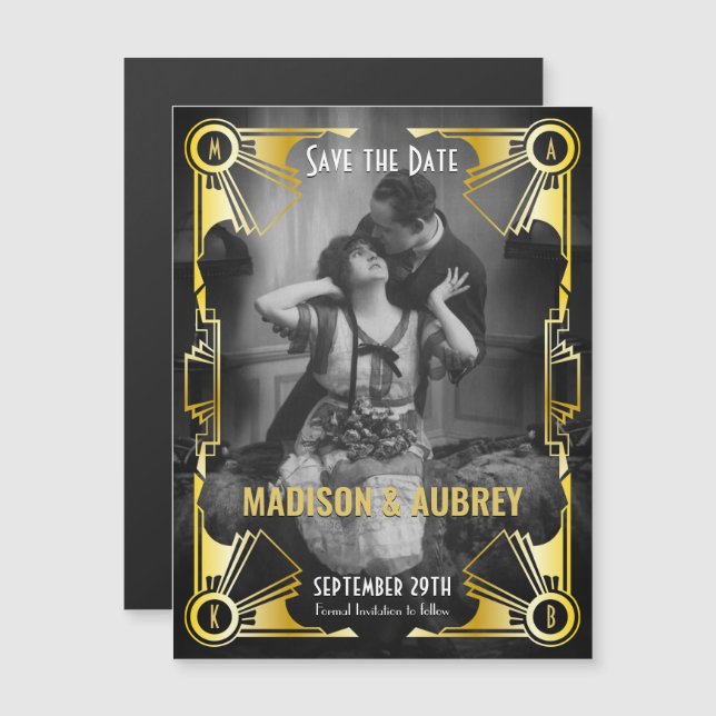 Invitation Magnétique Mariage Art déco Sauvez la date Gold & Black Photo (Devant / Derrière)