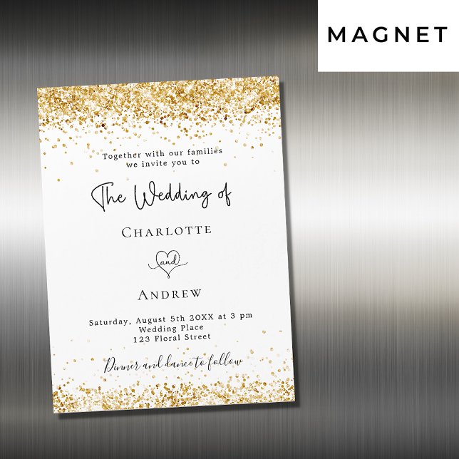 Invitation Magnétique Mariage blanc or parties scintillant script élégan (Créateur téléchargé)