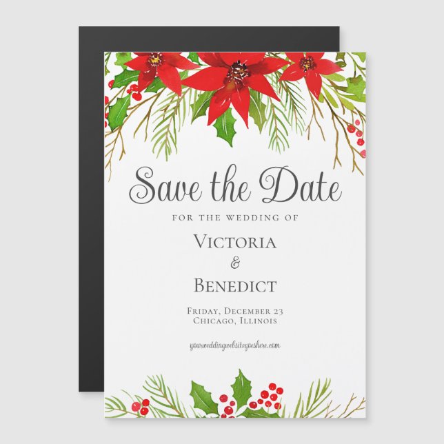 Invitation Magnétique Mariage botanique Festive Red Green Christmas (Devant / Derrière)