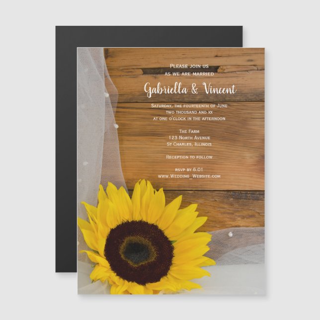 Invitation Magnétique Mariage campagnard du tournesol et du voile (Devant / Derrière)