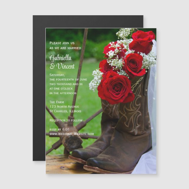 Invitation Magnétique Mariage campagnard Russe Roses Rouges et Bottes Co (Devant / Derrière)