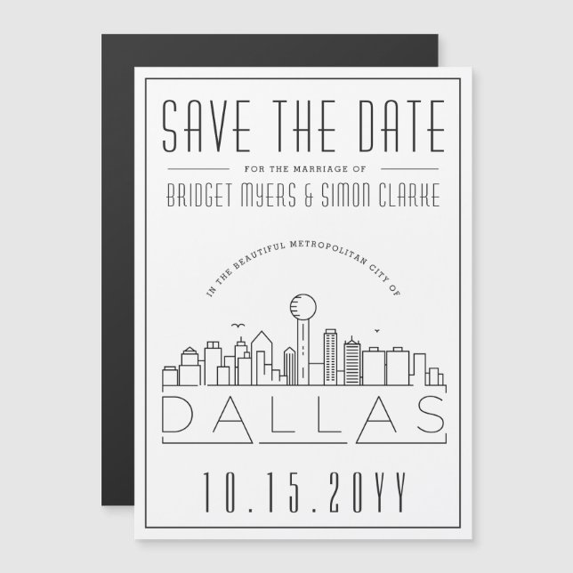 Invitation Magnétique Mariage Dallas | Skyline stylisée Enregistrer la d (Devant / Derrière)