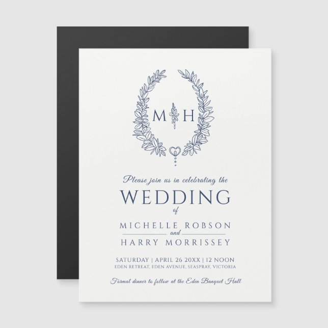 Invitation Magnétique Mariage d'art de ligne ovale feuille bleu et blanc (Devant / Derrière)