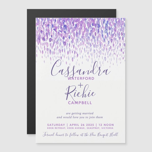 Invitation Magnétique Mariage d'art en cascade violet mauve (Devant / Derrière)