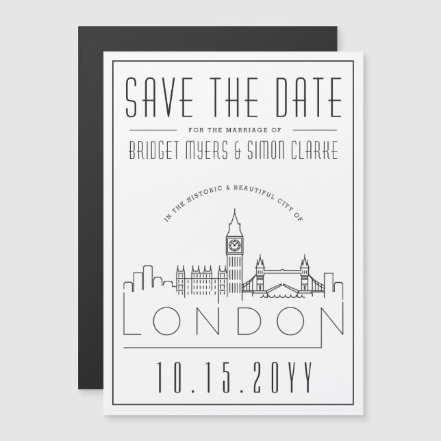 Invitation Magnétique Mariage de Londres | Skyline stylisée Enregistrer  (Devant / Derrière)