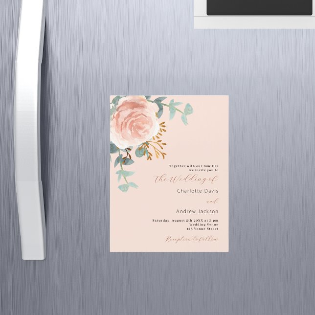 Invitation Magnétique Mariage de luxe aux fleurs de rose doré et verdure (Créateur téléchargé)