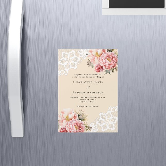 Invitation Magnétique Mariage de luxe en dentelle rose beige (Créateur téléchargé)