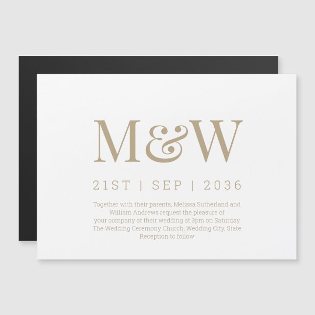 Invitation Magnétique Mariage de Monogramme Or Blanc moderne (Devant / Derrière)