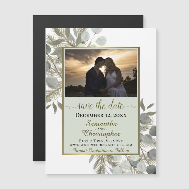 Invitation Magnétique Mariage de Pine Eucalyptus Enregistrer la date Pho (Devant / Derrière)