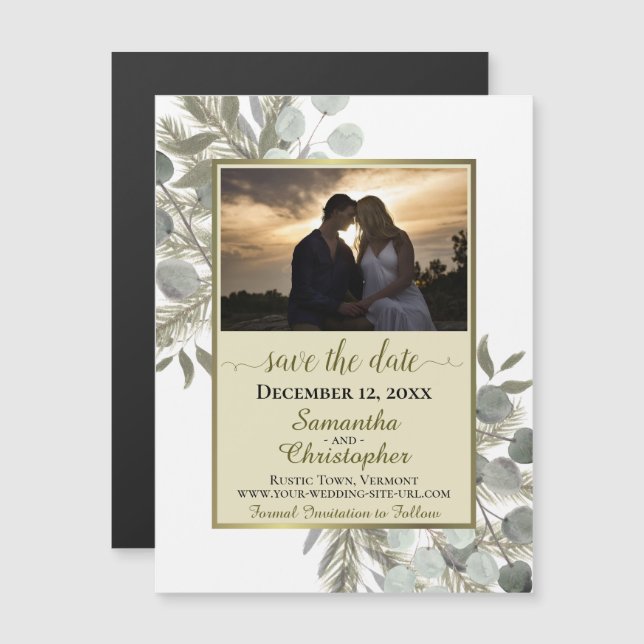 Invitation Magnétique Mariage de Pine Eucalyptus Enregistrer la date Pho (Devant / Derrière)