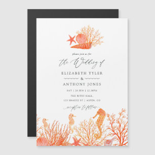 Invitation Magnétique Mariage de plage à l'aquarelle Corail Vivant