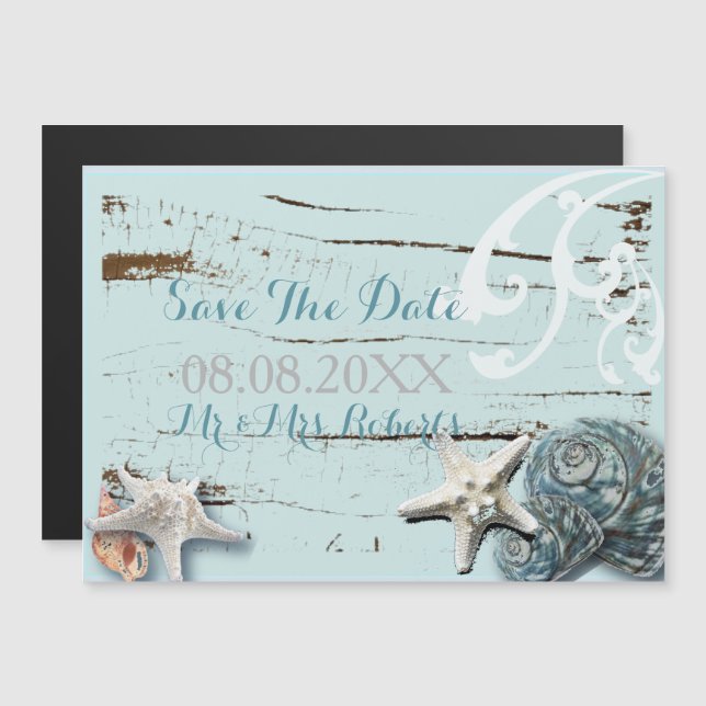 Invitation Magnétique Mariage de plage coquillages bleus bois élégant (Devant / Derrière)