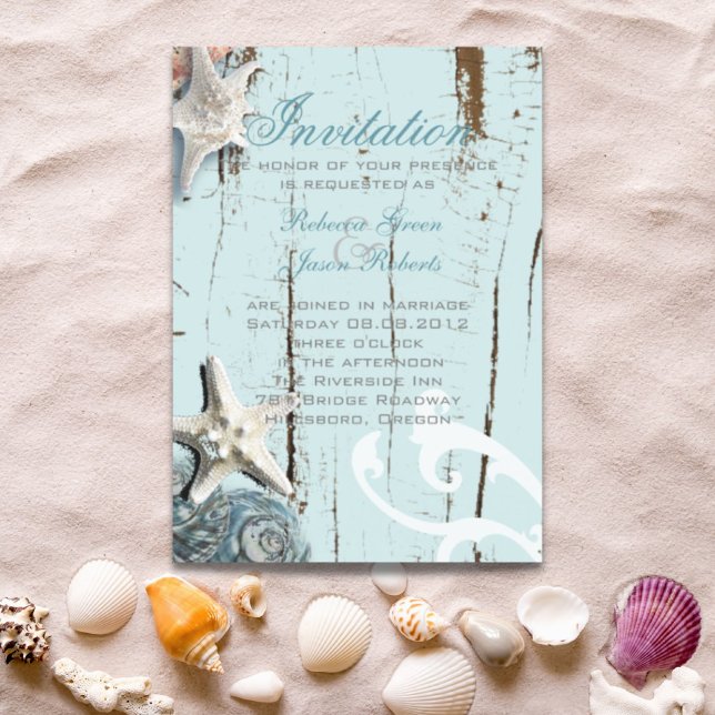 Invitation Magnétique Mariage de plage élégant en bois Coquillages Bleus (Elegant wood BLue Seashells Beach Wedding Magnetic Invitation)
