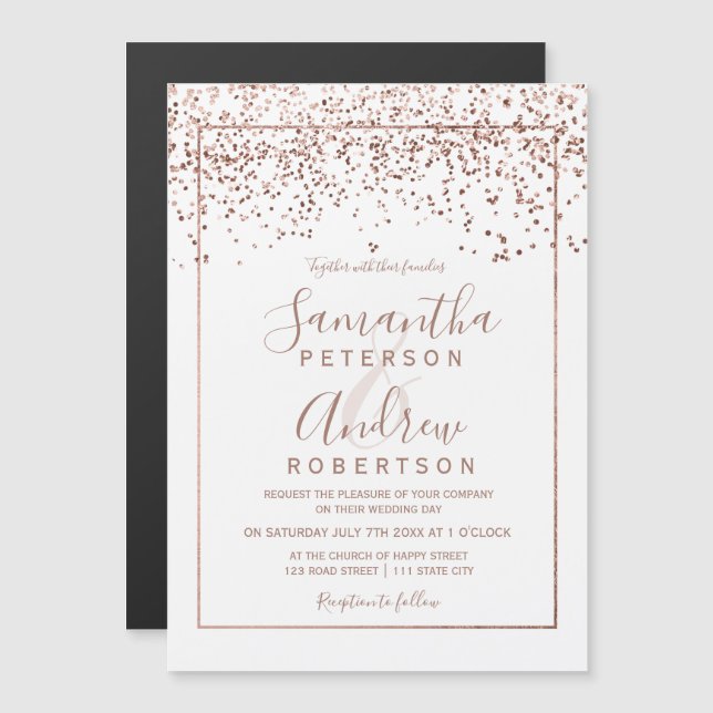 Invitation Magnétique mariage de typographie blanche confetti d'or rose (Devant / Derrière)