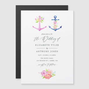 Invitation Magnétique Mariage floral à thème nautique à l'aquarelle