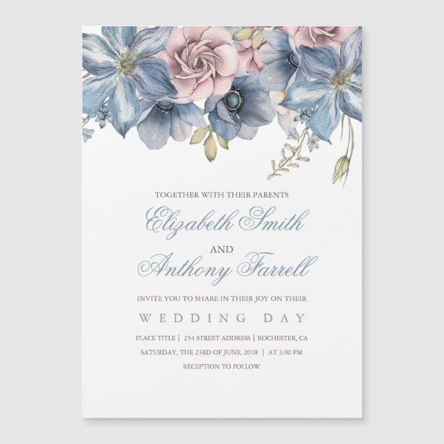 Invitation Magnétique Mariage floral bleu et mauve Dusty (Devant)