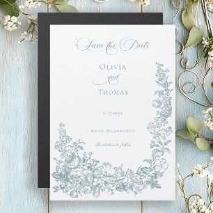 Invitation Magnétique Mariage Floral Bleu Poussiéreux Romantique en Dess