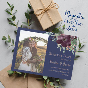 Invitation Magnétique Mariage floral Blush de la Marine Photo Enregistre