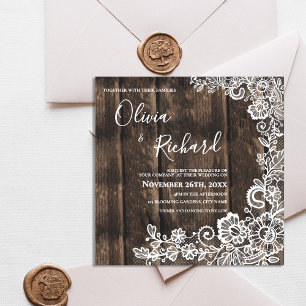 Invitation Magnétique Mariage Floral en Bois Rustique et Dentelle Blanch