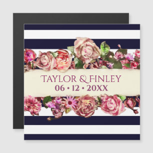 Invitation Magnétique Mariage Floral Rayé Moderne Vintage Personnalisabl