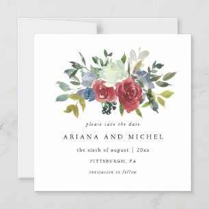 Invitation Magnétique Mariage floral rouge et bleu rustique Enregistrer