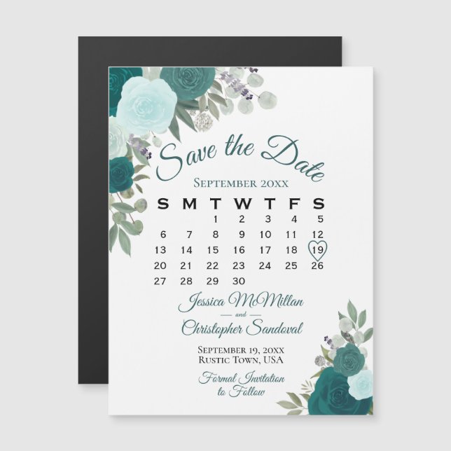 Invitation Magnétique Mariage floral Turquoise rustique Enregistrer le c (Devant / Derrière)