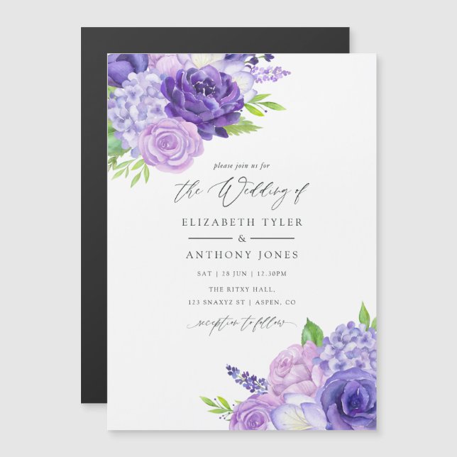 Invitation Magnétique Mariage floral ultra violet (Devant / Derrière)