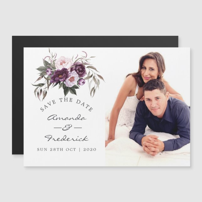 Invitation Magnétique Mariage floral velours profond Enregistrer la date (Devant / Derrière)