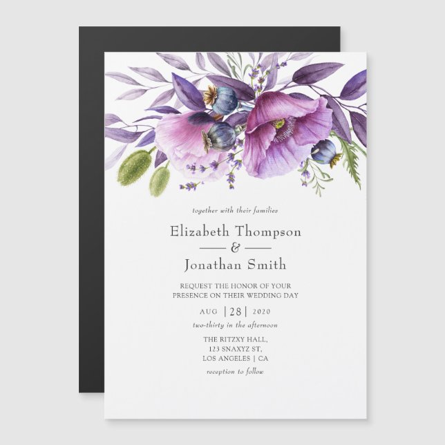 Invitation Magnétique Mariage floral violet (Devant / Derrière)