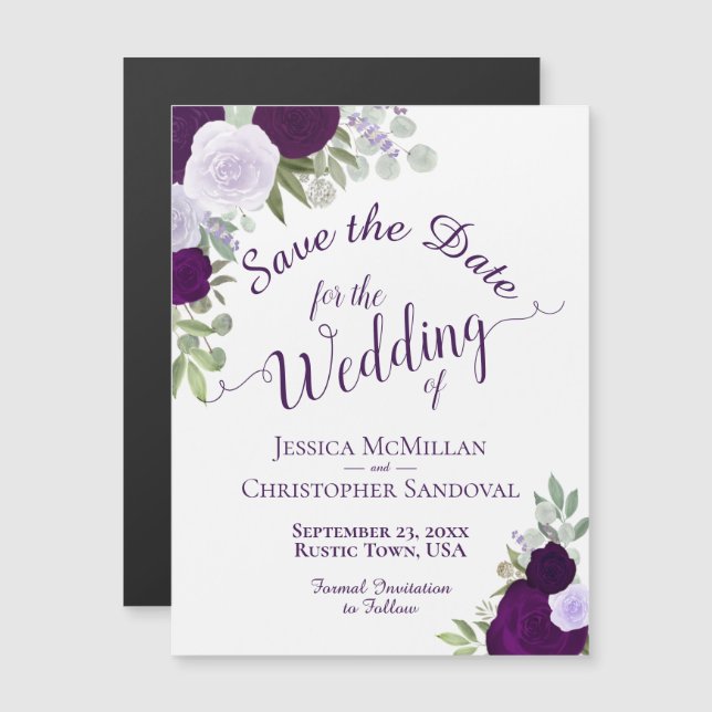 Invitation Magnétique Mariage floral violet de prune rustique Enregistre (Devant / Derrière)