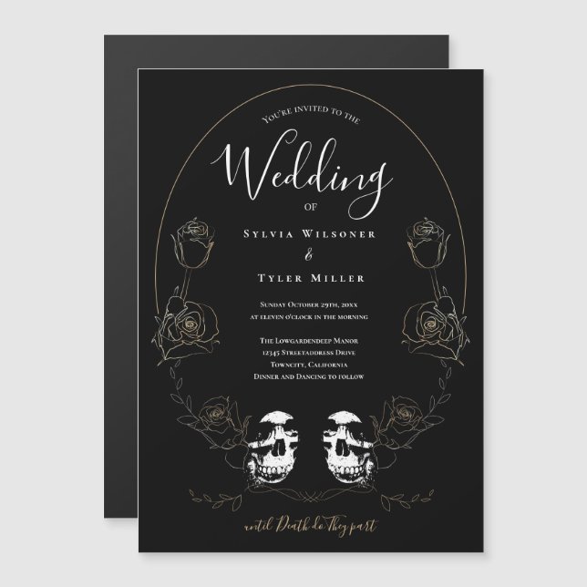 Invitation Magnétique Mariage gothique noir floral (Devant / Derrière)