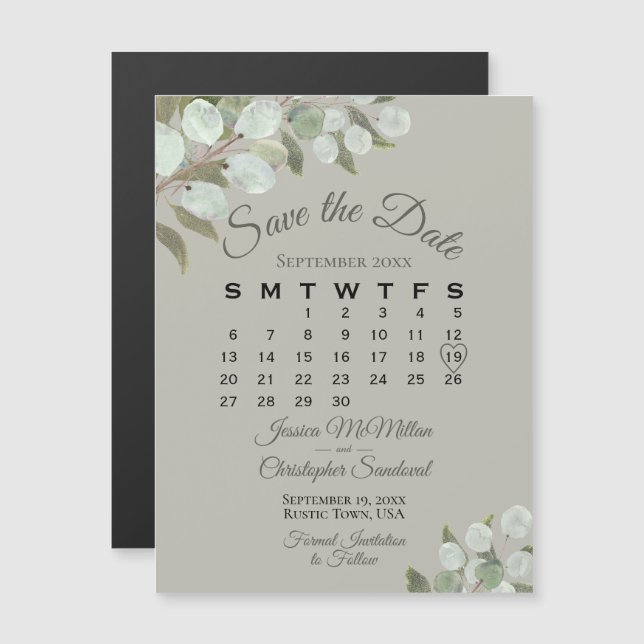 Invitation Magnétique Mariage Green Enregistrer la date Calendrier Olive (Devant / Derrière)