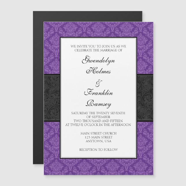 Invitation Magnétique Mariage magnétique à Damas noir pourpre (Devant / Derrière)