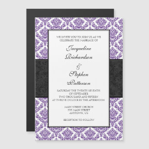 Invitation Magnétique Mariage magnétique violet noir Damas invite