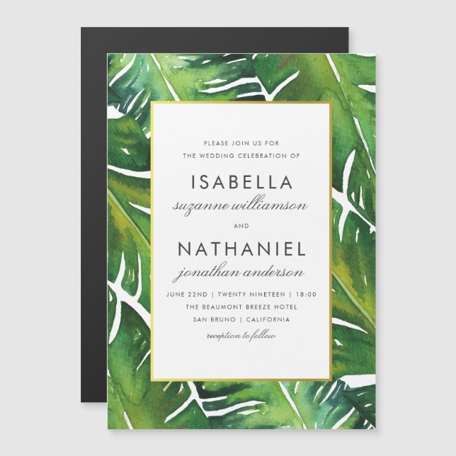 Invitation Magnétique Mariage moderne des Feuilles verts tropicaux (Devant / Derrière)