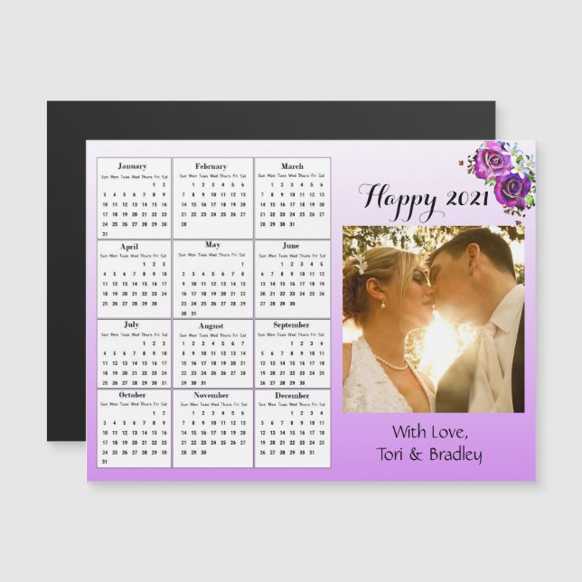 Invitation Magnétique Mariage Photo Purple Roses Mini Calendrier 2021 (Devant / Derrière)