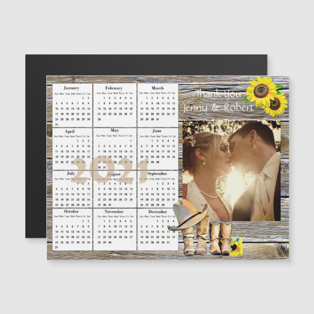 Invitation Magnétique Mariage Photo Yellow Sunflowers Mini Calendrier 20 (Devant / Derrière)