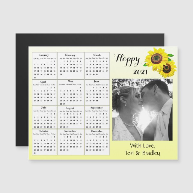 Invitation Magnétique Mariage Photo Yellow Sunflowers Mini Calendrier 20 (Devant / Derrière)