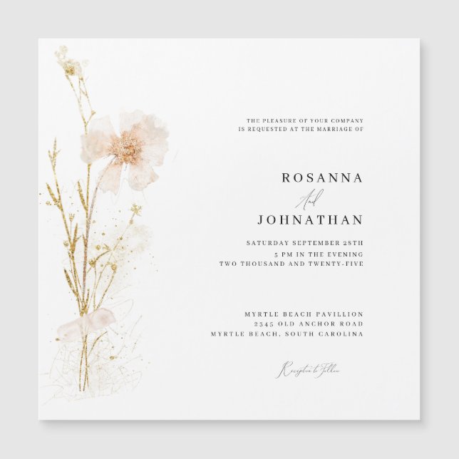 Invitation Magnétique Mariage Romantique Gold & Blush Pressé Fleurs (Devant)