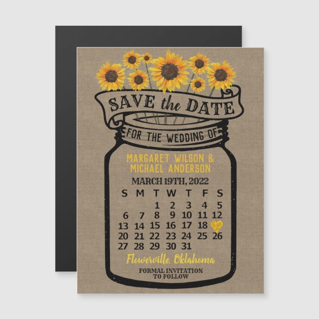 Invitation Magnétique Mariage Sauvez la date Mason Jar Farm Mars 2022 (Devant / Derrière)