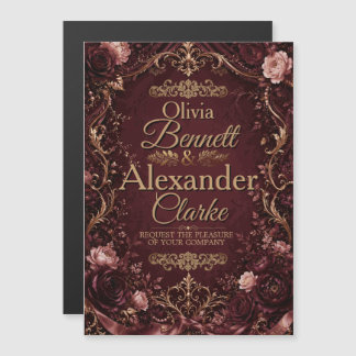 Invitation Magnétique Mariage Vintage Floral Élégant Bourgogne Or