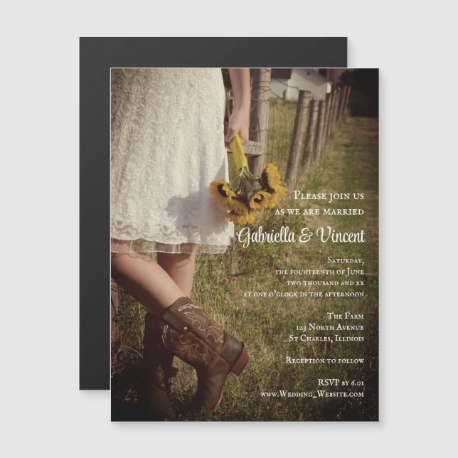 Invitation Magnétique Mariée en Bottes Cowboy avec Mariage de Sunflower  (Devant / Derrière)